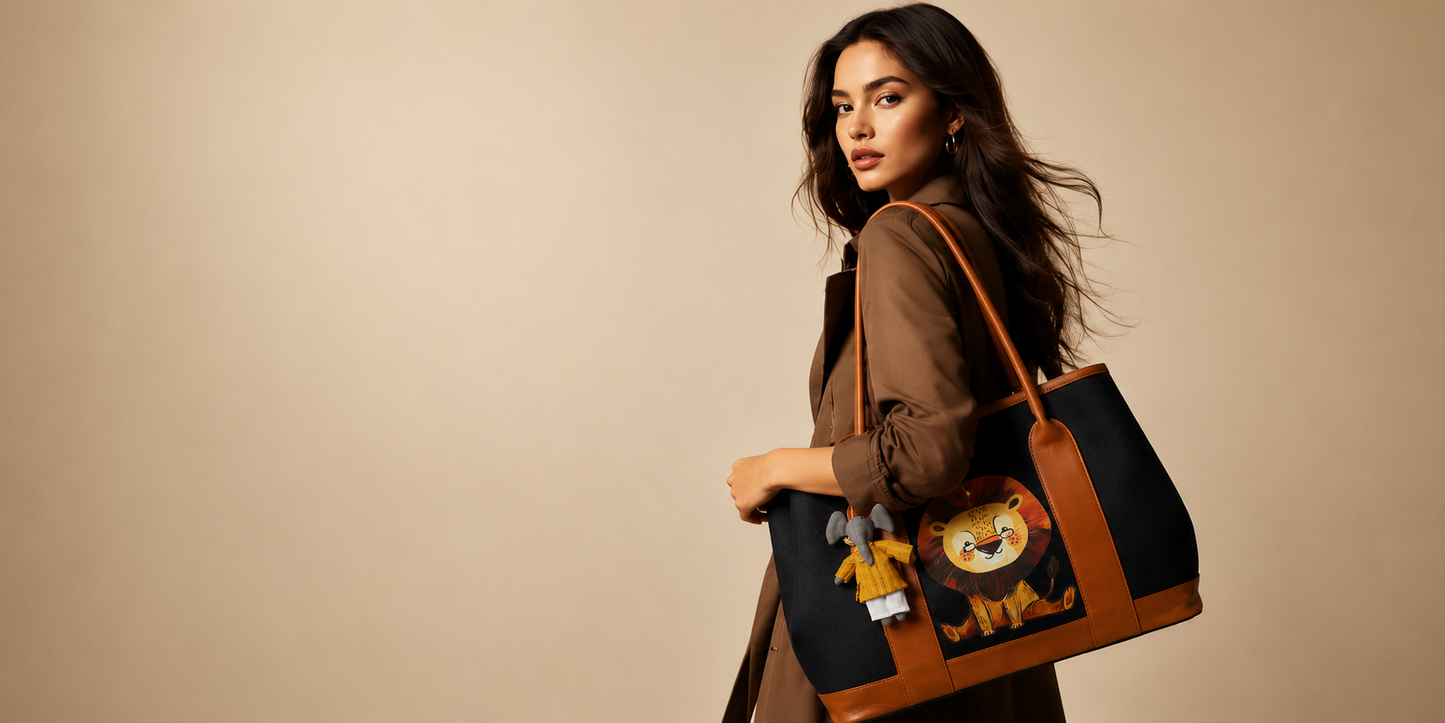 MUFFA little lion midnight black tote bag in canvas and leather