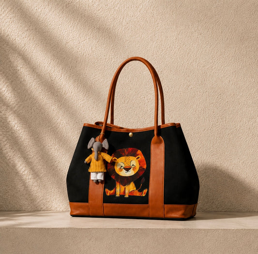 MUFFA little lion midnight black tote bag in canvas and leather